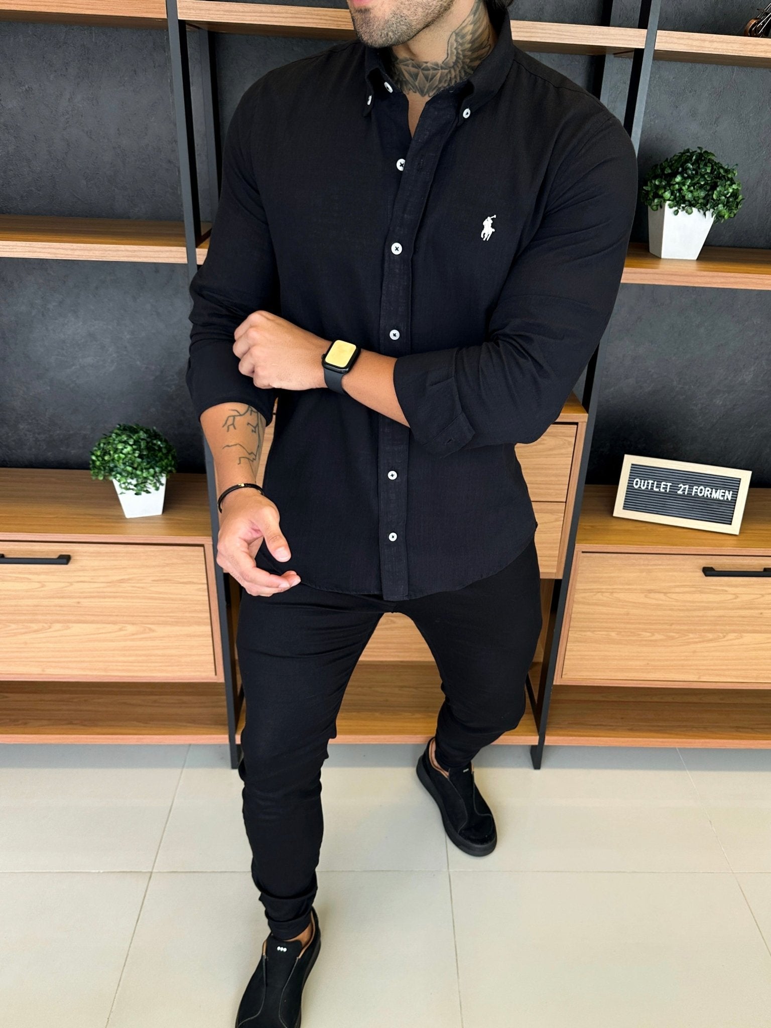 Camisa Polo Ralph. Linho Preta Logo Branco