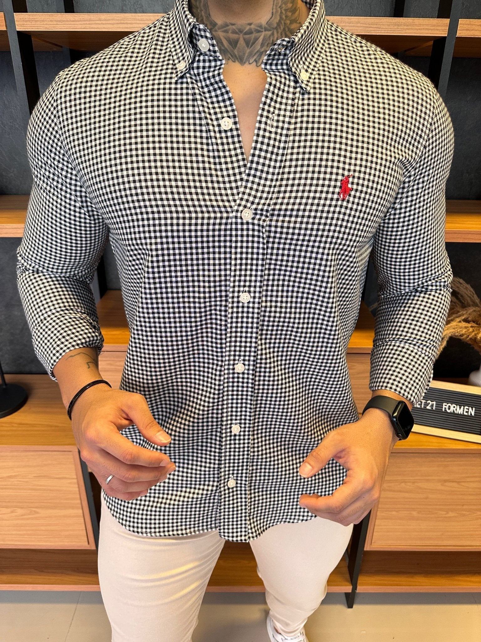 Camisa Polo Ralph. Xadrez Preta/Branco Logo Vermelho