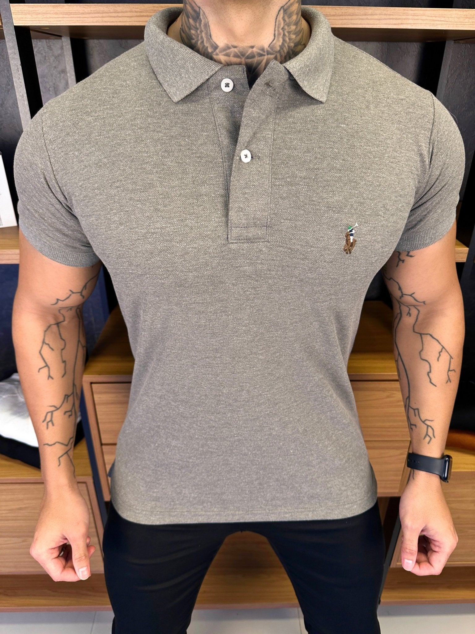 Polo Ralph. Musculina Custom Fit Cinza Logo Colors
