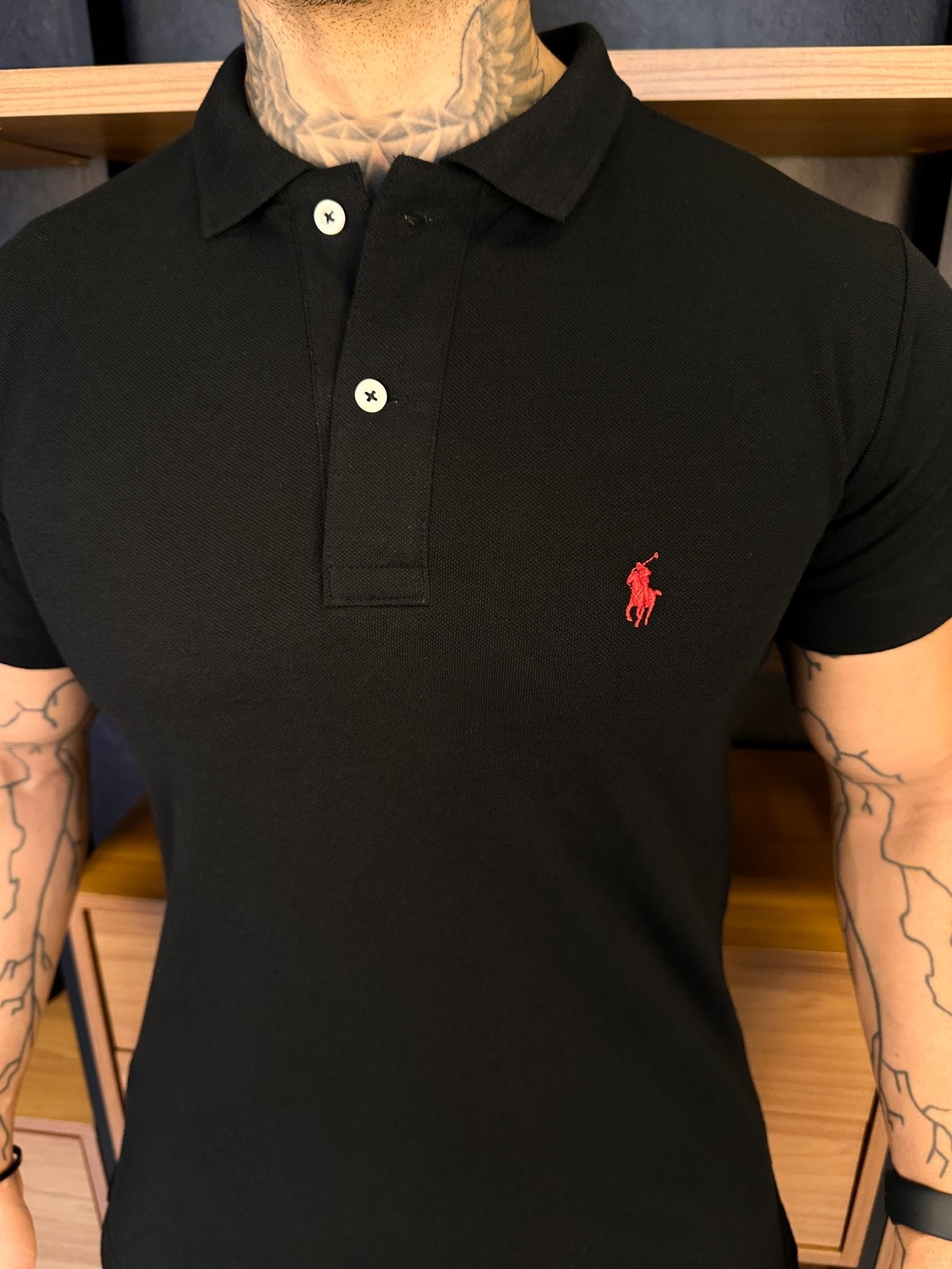 Polo Ralph. Musculina Custom Fit Preta Logo Vermelho
