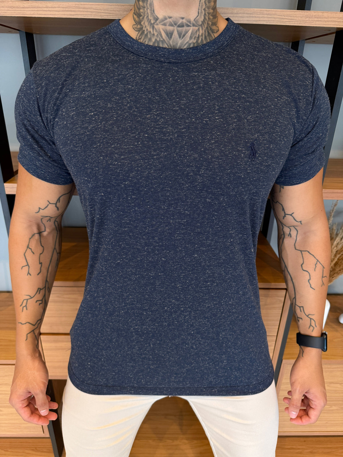 Camiseta Ralph. Linho Marinho Logo Bordado