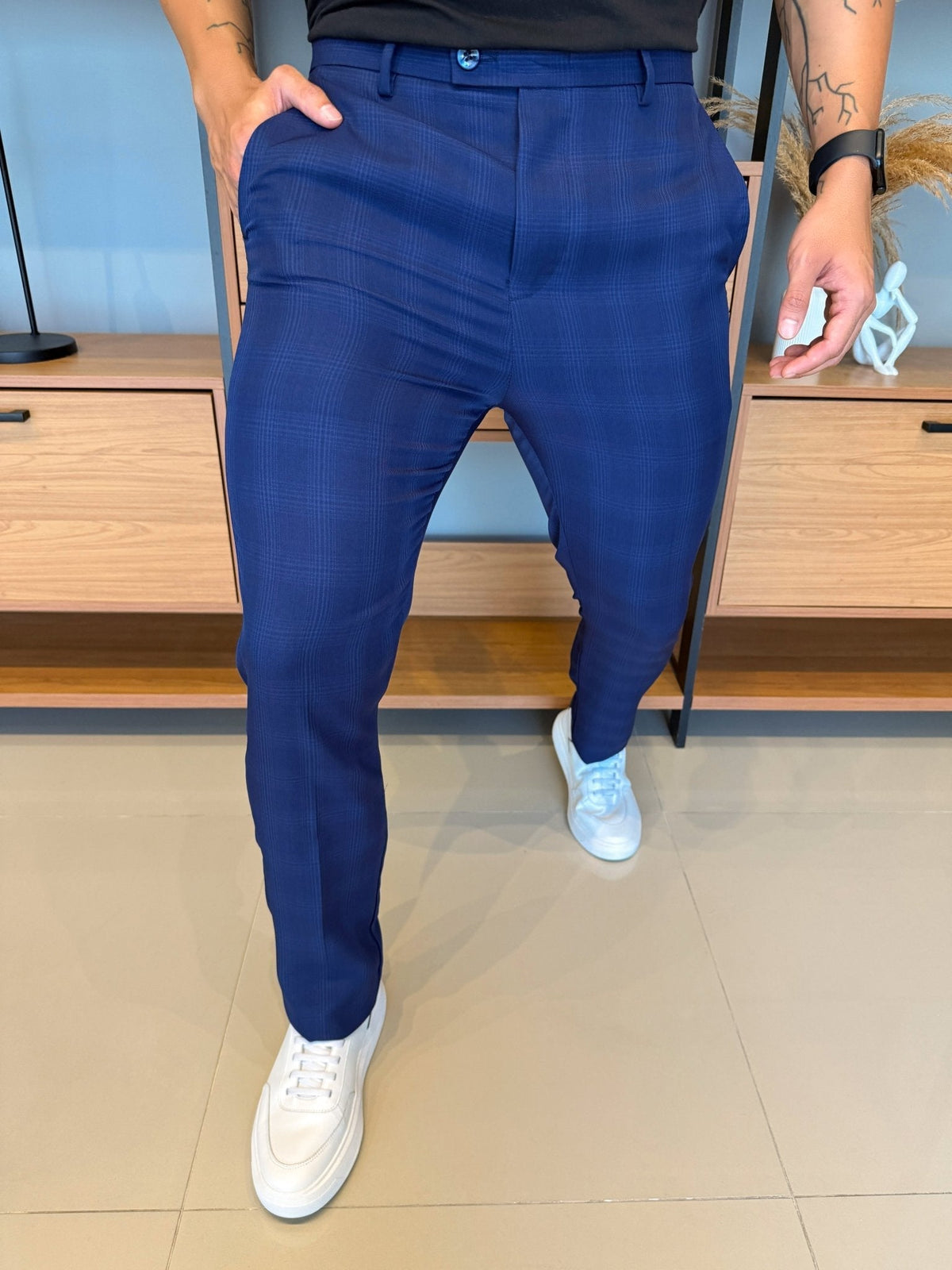 Calça London Alfaitaria Xadrez Azul Royal