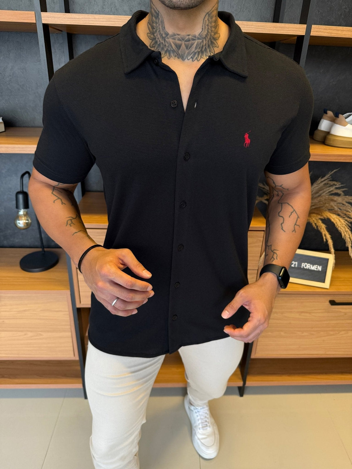 Camisa Polo Ralph. Manga Curta Preta Logo Vermelho