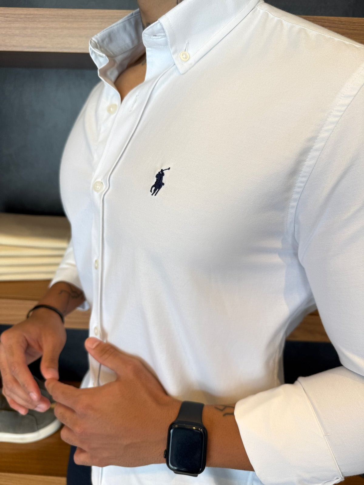 Camisa Polo Ralph. Oxford Branca Logo Marinho