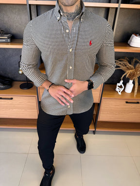 Camisa Polo Ralph. Xadrez Preta/Branco Logo Vermelho