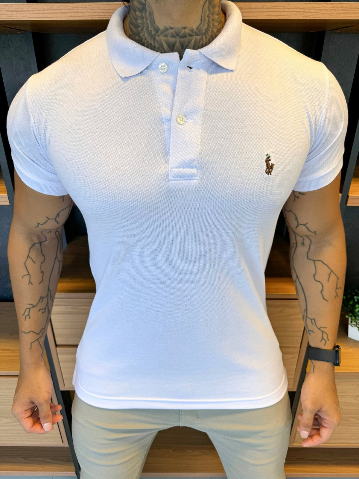 Polo Ralph. Musculina Custom Fit Branca Logo Colors