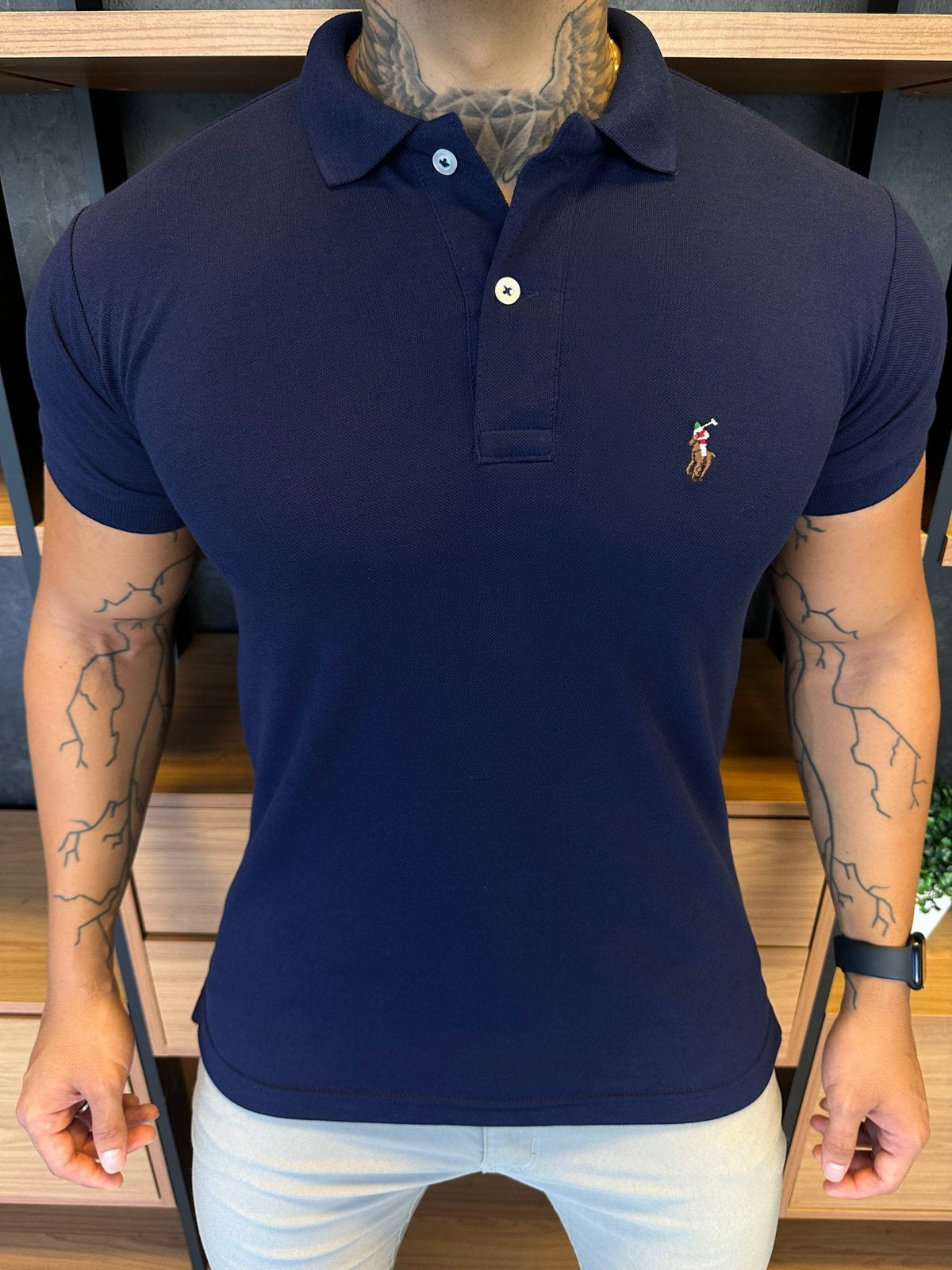 Polo Ralph. Musculina Custom Fit Marinho Logo Colors