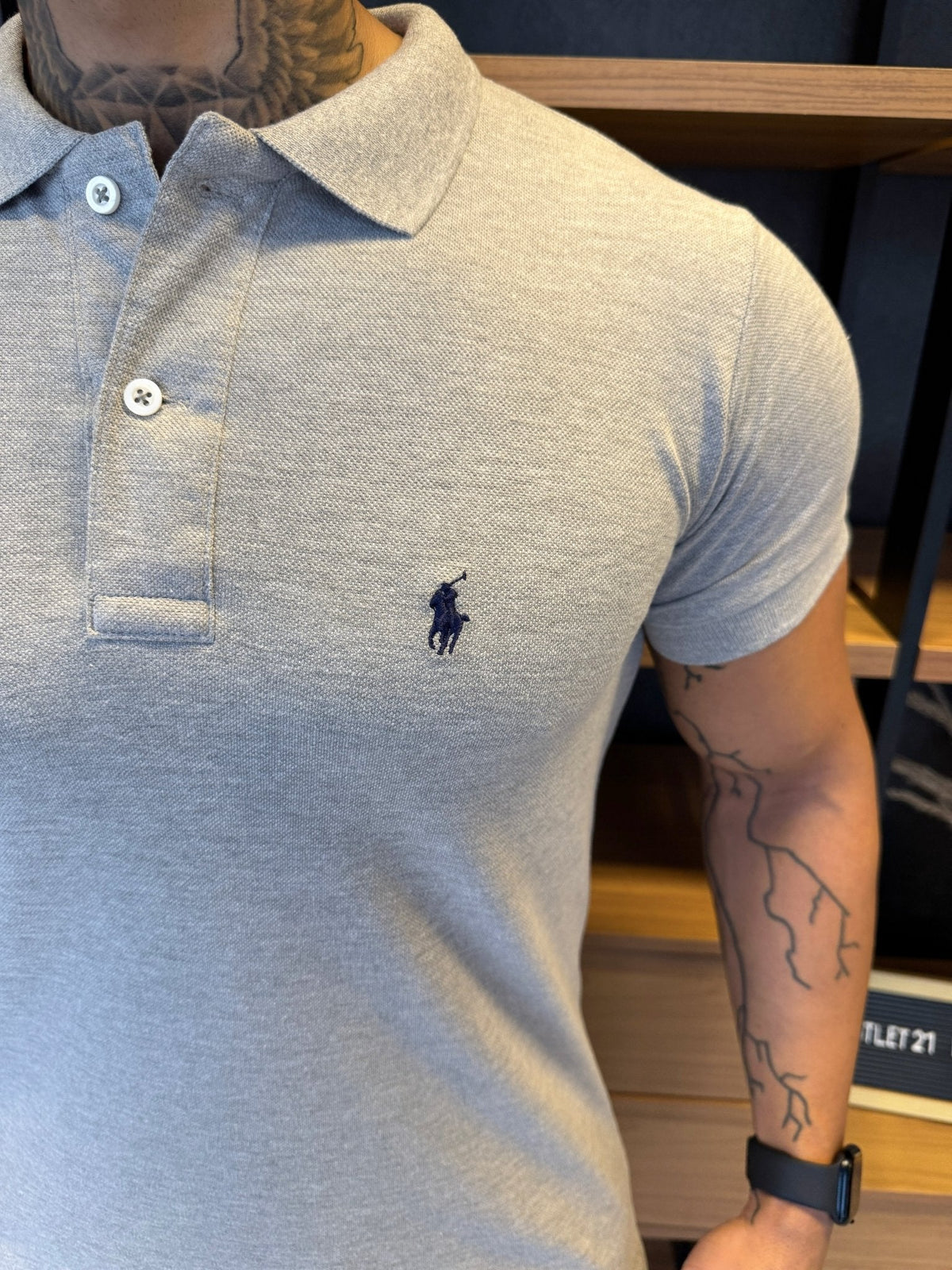 Polo Ralph. Musculina Custom Fit Cinza Logo Preto