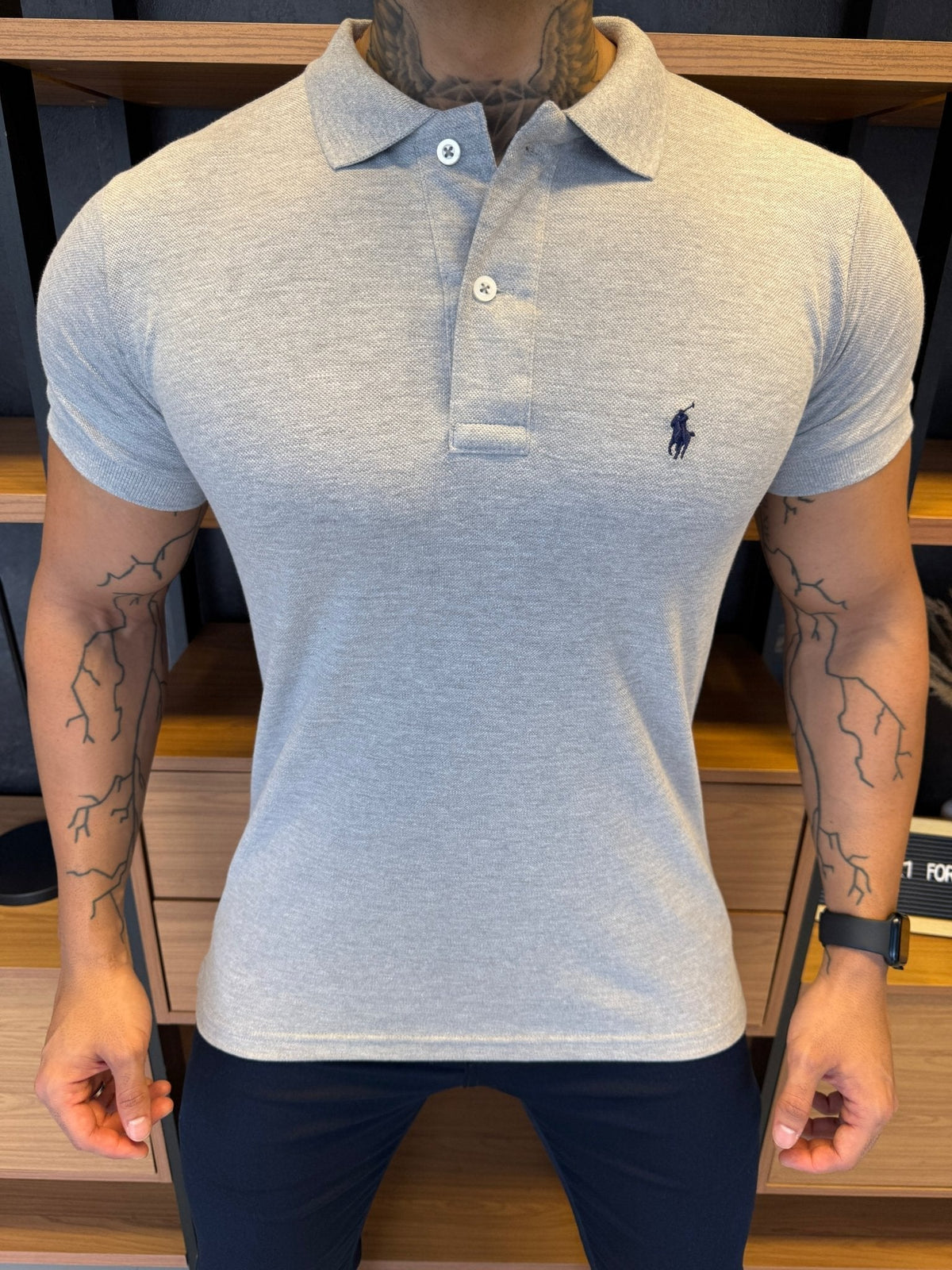Polo Ralph. Musculina Custom Fit Cinza Logo Preto