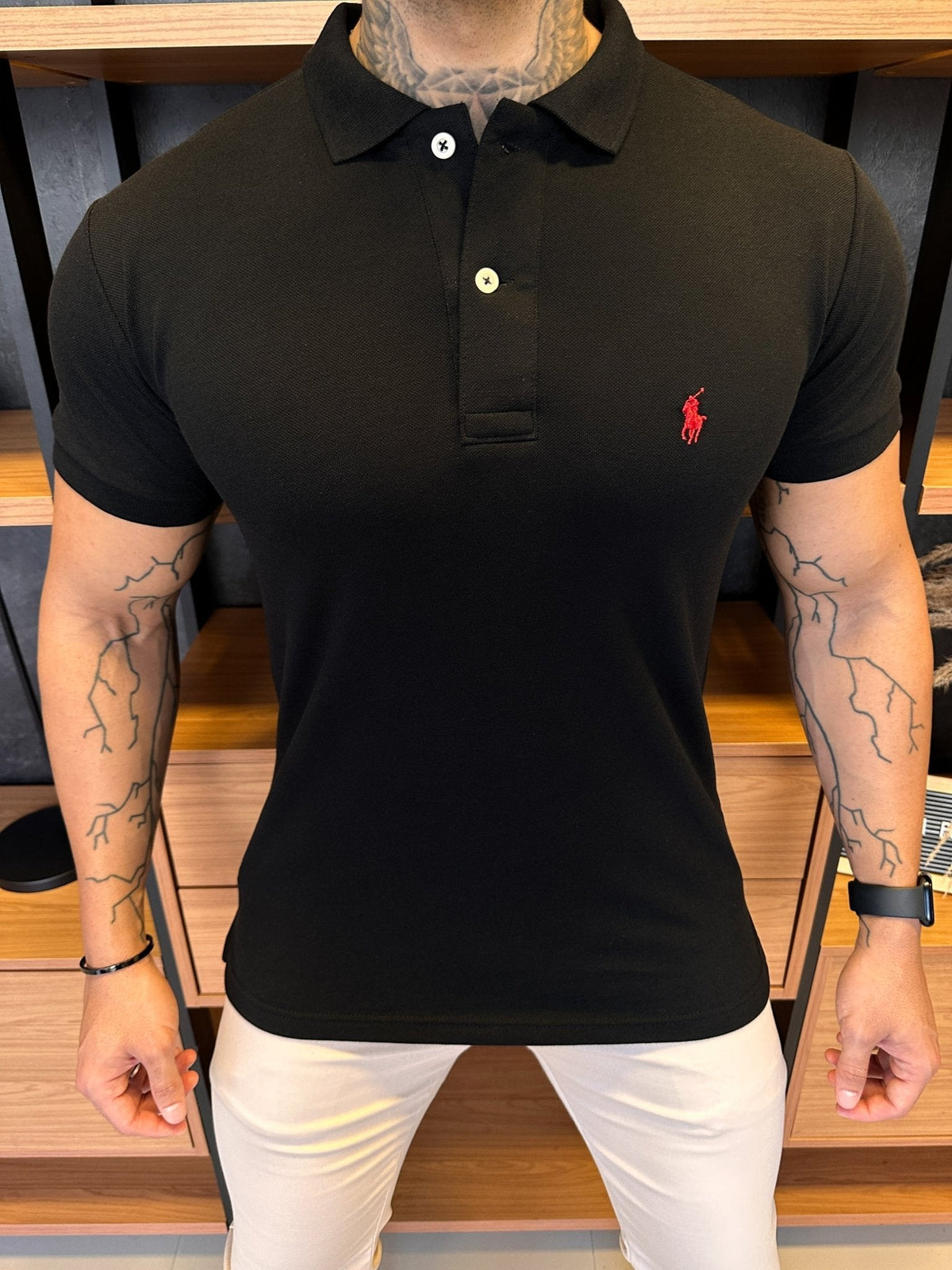 Polo Ralph. Musculina Custom Fit Preta Logo Vermelho