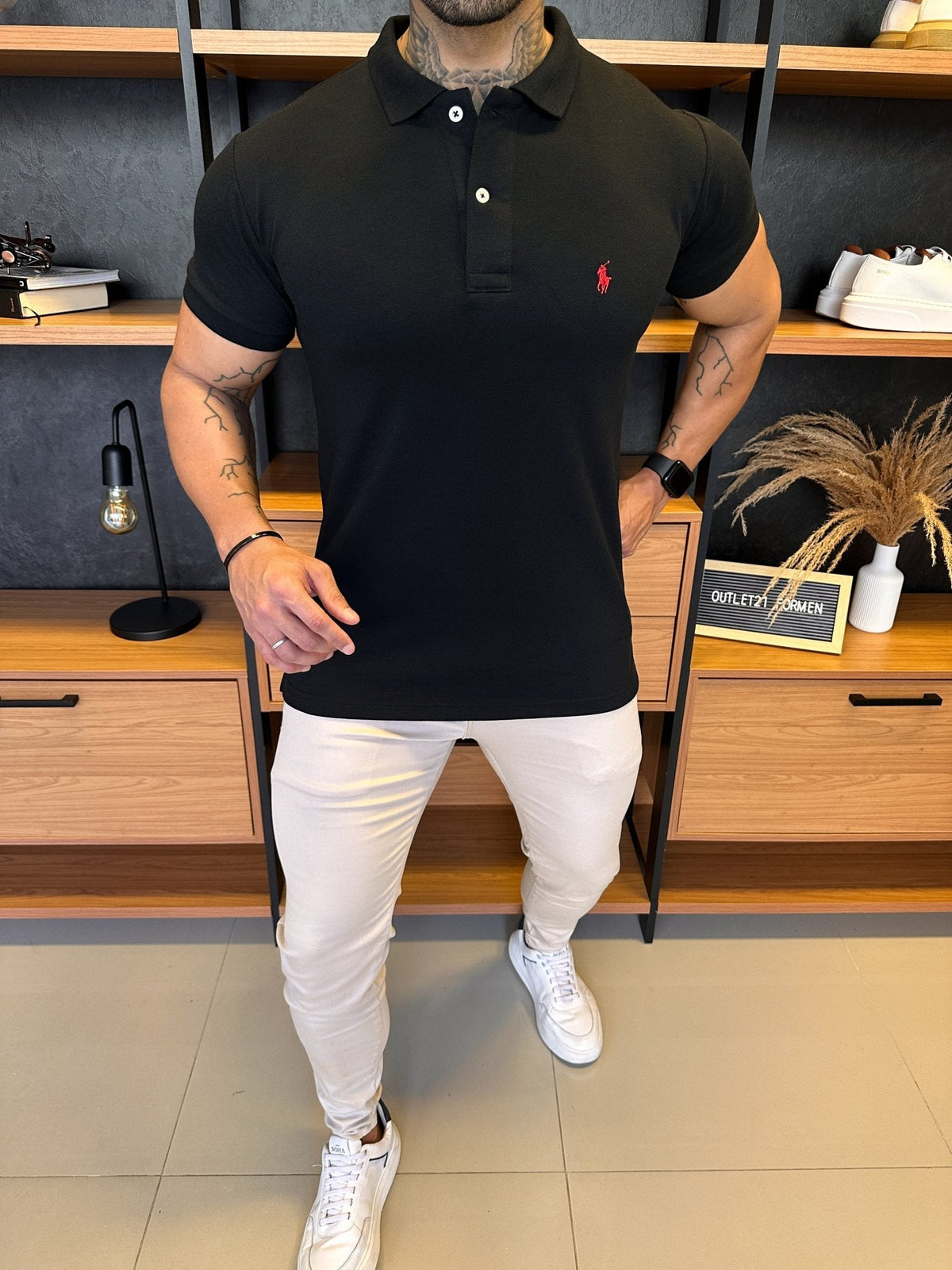 Polo Ralph. Musculina Custom Fit Preta Logo Vermelho